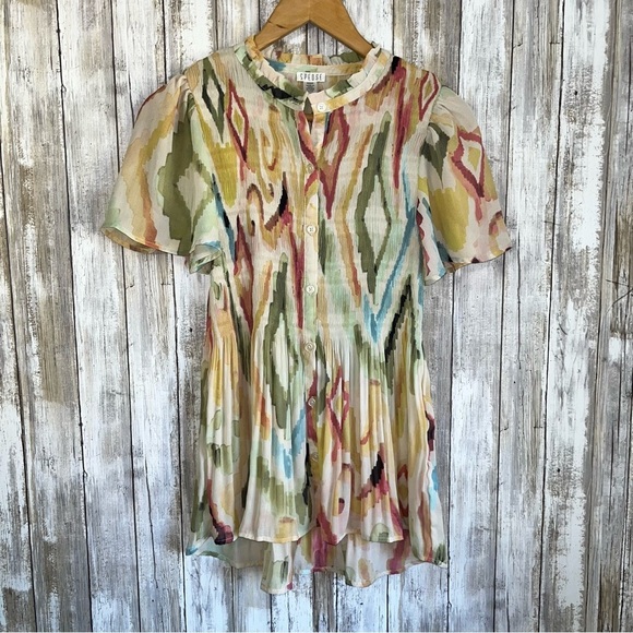 Spense Tops - Spense Smocked Abstract Pint Print Button Front Blouse